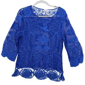Ethyl Lace Embroidered Top XL Royal Blue Floral Sheer Boho Mesh 3/4 Sleeve